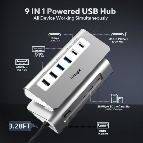 USB C Hub, INTPW 9-in-1 Multiport Adapter with 3.28FT Cable, 4K HDMI, PD 100W, USB-C, USB A 3.0, SD/TF