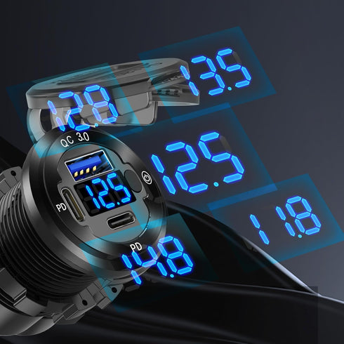 2 PACK 12V USB Car Socket Round USB C 12V Outlet, 3-Port Marine USB Fast Charger Waterproof with Switch & Voltmeter