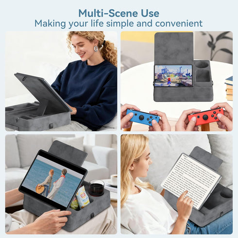 AEWOTING Tablet Pillow Stand for Lap, Bed and Desk, Foldable Soft iPad Holder with Snack Bowl