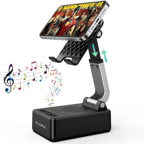 LENRUE Cell Phone Stand with Wireless Bluetooth Speakers, Flexible Comfort View, Loud Clear Sound, Tech Gadgets for