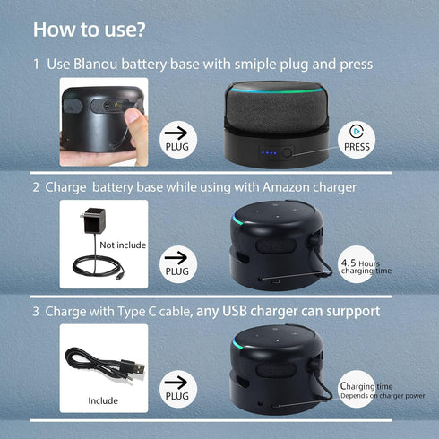 Echo Dot 3 Battery Base, Portable Battery Base for Dot 3rd Gen & Google Mini 2, 5200 mAh, 8 Hours Work Time, Black
