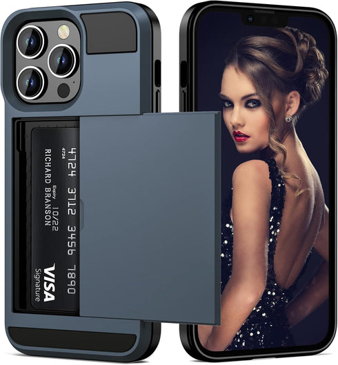 Vofolen iPhone 13 Pro Case, Wallet Credit Card Holder Slot, Anti-Scratch Dual Layer Hybrid Bumper Armor, Navy