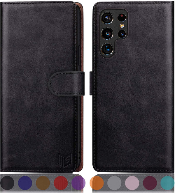 SUANPOT Samsung Galaxy S22 Ultra Wallet Case with RFID Blocking, Flip Folio Book Shockproof Cover for Women Men, Black