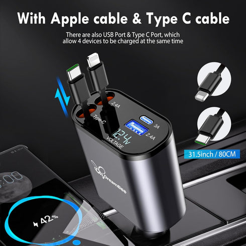 Retractable Car Charger, 66W 4 in 1 Super Fast Charge with 31.5 inch Cables and 2 USB Ports for iPhone 15/14/13/12