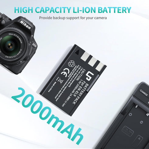 EN-EL9 EN EL9a Battery Pack, 2-Pack Rechargeable Li-Ion Battery Set, Compatible with Nikon Cameras