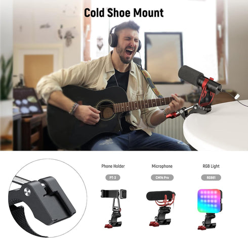NEEWER Super Clamp with Cold Shoe & 1/4 Inch/3/8 Inch Thread Holes, Max Load 4 kg, Crab Shaped Tripod Holder, Red ST81
