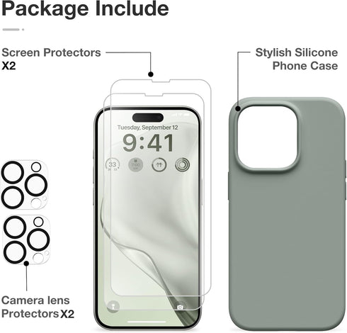 GONEZ iPhone 14 Pro Case - Calke Green, Shockproof Liquid Silicone, Soft Anti-Scratch Lining + 2 Screen & Camera