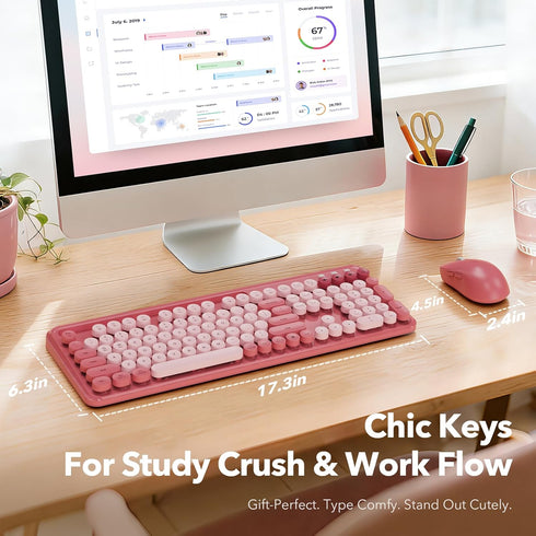 Trueque 3-Level 2.4GHz CK13, Wireless Keyboard and Mouse Combo, Cute Full-Size Typewriter-Style Keyboard, Retro Round