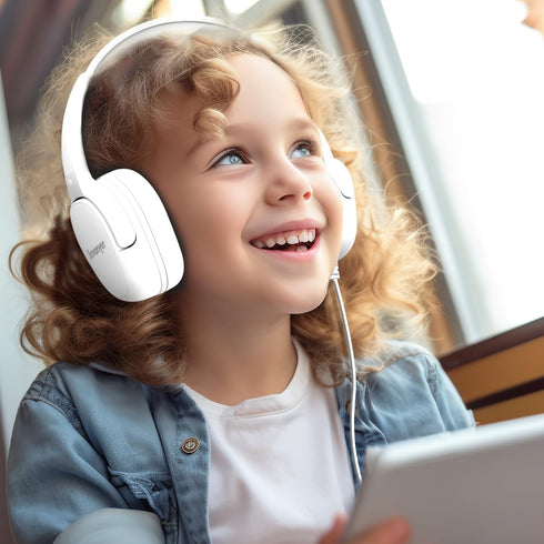 Kids Headphones for School, 3.5mm Jack Wired Headphones for Kids with Safe Volume Limiter, HD Stereo Sound On-Ear Girls Boys Toddler Headphones for Tablet, iPad, Kindle(Wihte)
