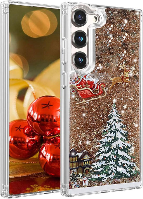 Glitter Christmas Case for Samsung Galaxy A14 5G, Cute Christmas Tree Liquid Flowing Bling Sparkle Case, Gold