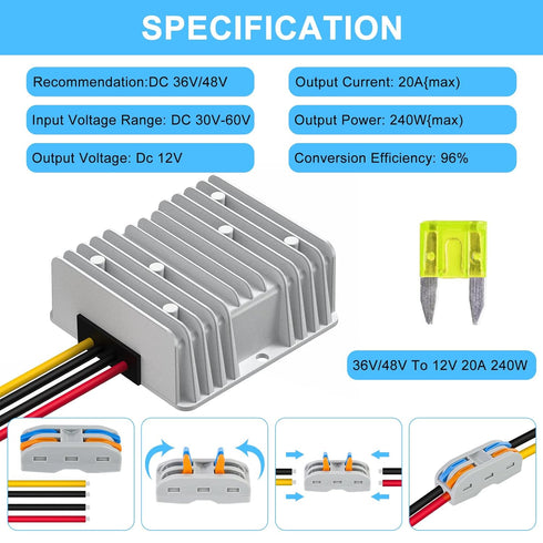 SUPERNIGHT 48V 36V 12V 240W 20A 12V to Voltage Converter Regulator Step Down to DC- DC Convert Reducer with Fuse