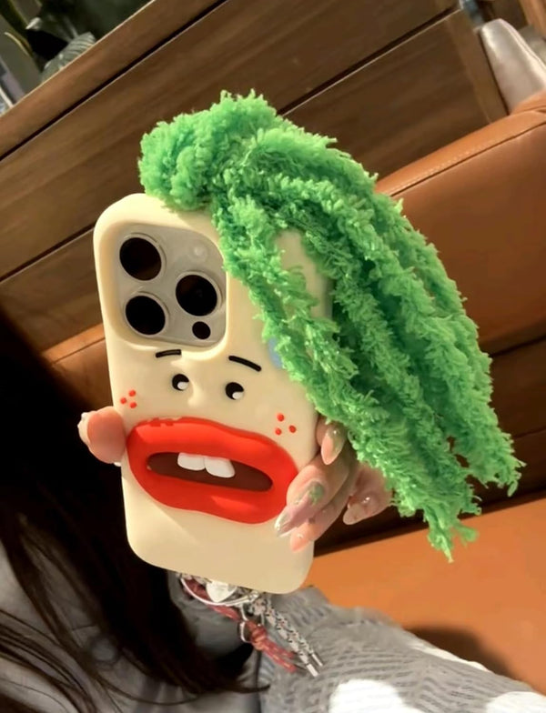 Funny Phone Case for iPhone 15, Cute 3D Sweating Emoticon Green Braids Hair Ugly Soft Silicone Case for Women Girls
