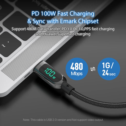 SOOPII 100W 1ft USB C to USB C Cable Fast Charge, Nylon Braided Cable with LED Display for iPhone 15/15 Pro/15 Plus/15