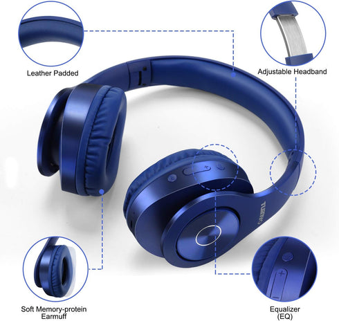 TUINYO Bluetooth Headphones Wireless, Over Ear Stereo Headset with 40H Playtime, Deep Bass, Built-in Mic - Dark Blue