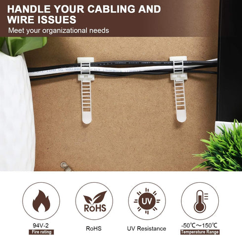 Adhesive Cable Management Clips, 50Pcs Adjustable Nylon Wire Clips with Strong Adhesive Tape & Extra Screw for Home