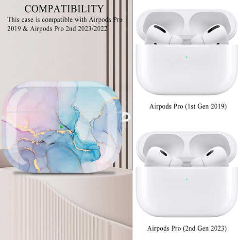 Protective Hard Case with Cleaner Kit Cover Skin Portable Shockproof Women Girls with Keychain for Apple Airpods Pro 2nd Charging Case - Watercolor Marble