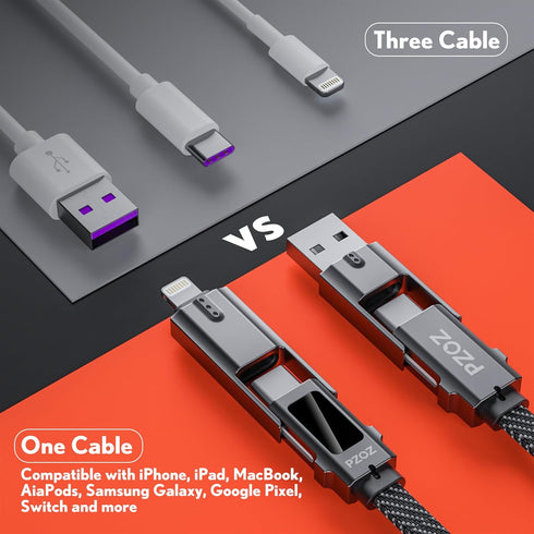 pzoz 4-in-1 USB C Fast Charging Cable - Multi USBC Charger Combo with LED Display for iPhone 16/15/14 Pro Max