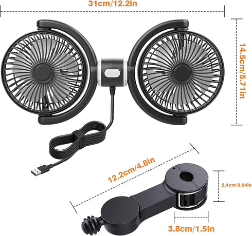3 360 5V 2A Car Fan USB Powered for Baby: Dual Car Cooling Fans for Backseat Speed Separate Controlled Quiet Brushless