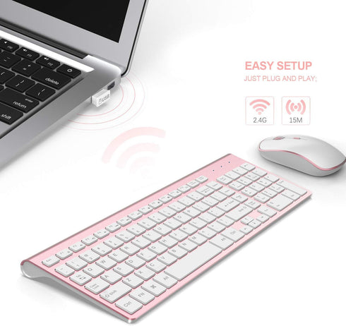 J JOYACCES Wireless Keyboard Mouse, Compact Ultra Slim 2.4G for Windows, Computer, Desktop, PC, Laptop (Pink)