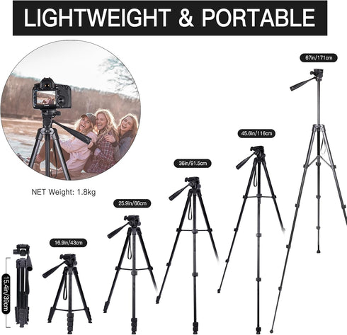 LINKCOOL 67 Inch Lightweight DSLR Tripod Camera Stand for Canon Nikon Sony, Detachable 3 Way Pan Head, Remote & Phone