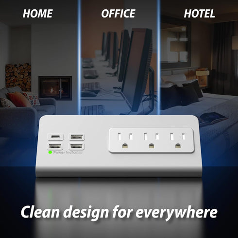 Nightstand Edge Mount Power Strip with USB-C Ports, Tabletop Surge Protector with 3 AC Outlets