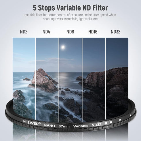 NEEWER 37mm HD Variable ND Filter ND2-ND32 (1-5 Stops) No X Cross/Optical Glass/30 Layer Nano Coated/Ultra Slim Aluminum Alloy Frame/Water Repellent/Anti Scratch Adjustable Neutral Density Filter