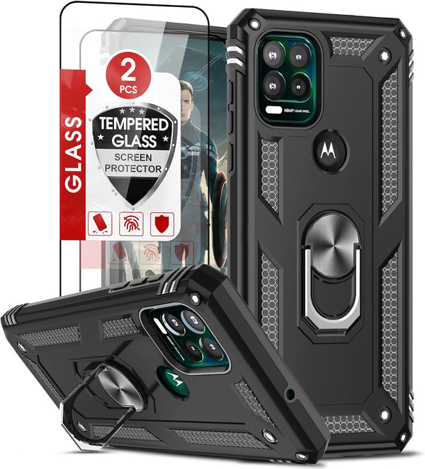 LeYi Military-Grade Moto G Stylus 5G Phone Case 2021 with Magnetic Ring Kickstand & 2 Tempered Glass Protectors - Black