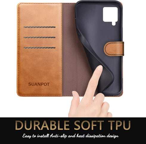 SUANPOT Leather Wallet Case for Samsung Galaxy A42 5G, RFID Blocking, Flip Folio Book Phone Case (Light Brown)