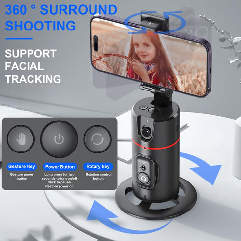 Auto Face Tracking Tripod, No App Required, Rechargeable Battery, 360° Rotation Phone Tracking Holder for Live Vlog