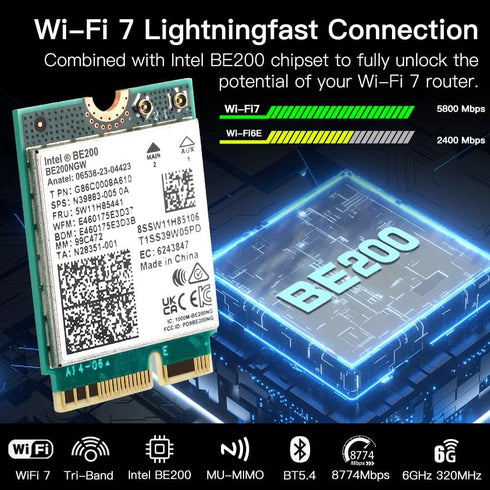 New 5.8 Gbps Wi-Fi 7 Bluetooth 5.4 PCI-E Adapter Intel BE200 Card 2.4/5/6 GHz 802.11be for Windows 11 PC Desktop