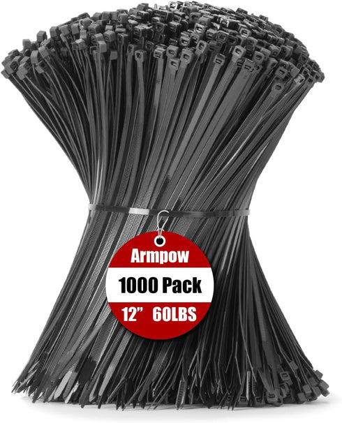 Armpow 12 Inch Zip Ties Black 1000 PCS, 60 Lbs- Heavy Duty