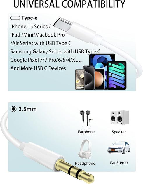 AUX to USB C, USB Type C to 3.5mm Audio Aux Headphone Jack Cable for Car Speaker Compatible with iPhone 15 Pro