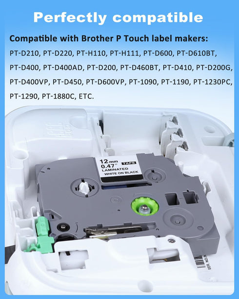 RAEMALL Compatible Brother Label Tape TZe335 TZe435 TZe535 TZeMQG35 TZeMQP35 12mm Laminated White on Color