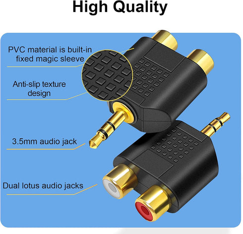 3.5mm to RCA Splitter Adapter - Gold Plated 3.5mm Male Stereo to 2 RCA Female Jack Y Plug Audio Converter (2 Pack)