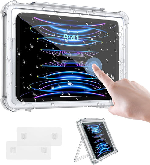 MoKo Waterproof Shower Tablet Holder, Wall Mount for iPad Up to 11", 360° Rotation with Touchable Anti-fog Screen, Clear