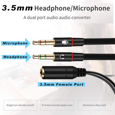 SaiTech IT 3.5mm Headphone Splitter for Computer, 3.5mm to 2 Dual Mic Audio Y Splitter Cable, 2 Pk Black