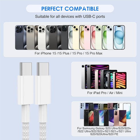 for iPhone 15 USB C Fast Charger Cable, 2pack 6FT USB C to USB C Charging Cord, Nylon Braided Long Charger Cable for