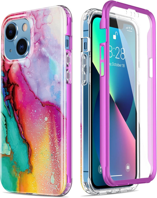 Esdot Rugged Case for iPhone 13 - Military Grade Protection with Built-in Screen Protector, Multi-colored Opal Marble