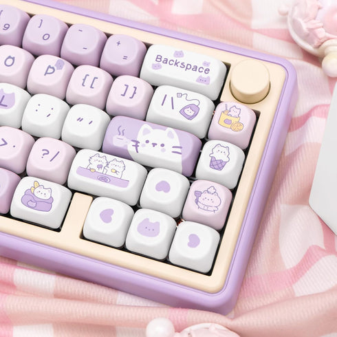PBT Keycaps - MOA Profile 132 Keys Dye Sublimation Purple Cute Cat Customized Keycaps for ANSI Layout Cherry MX Switches