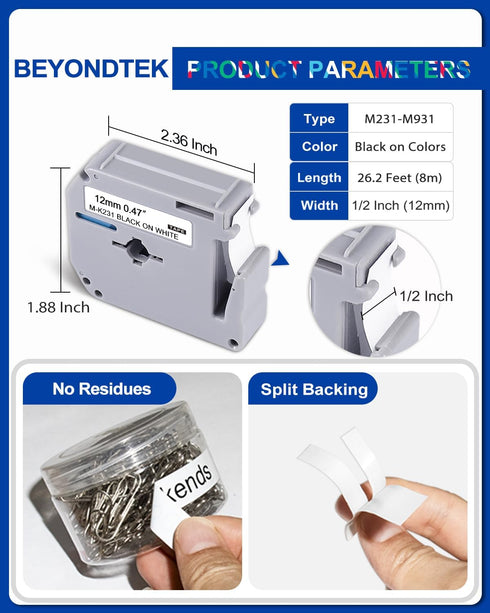 M Tape Work for PT-65 PT-70 PT-70BM, Replace with Brother P Touch M Tape 12mm Colors for Label Maker