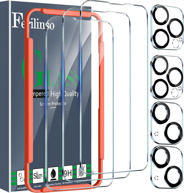 Ferilinso 3 Pack Screen Protector for iPhone 14 Pro Max & Plus + 2 Tempered Glass Camera Lens Protectors.