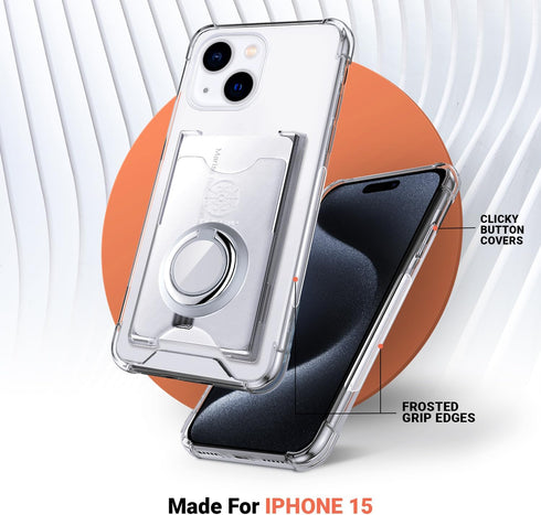 Shields Up iPhone 15 Case - Clear Minimalist Wallet with Card Holder (3 Cards) & Ring Stand, Slim Drop Protection Cover.