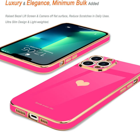 Teageo Cute Love-Heart Luxury Bling Case for iPhone 13 Pro Max, Soft Shockproof Bumper, Hot Pink, Raised Camera