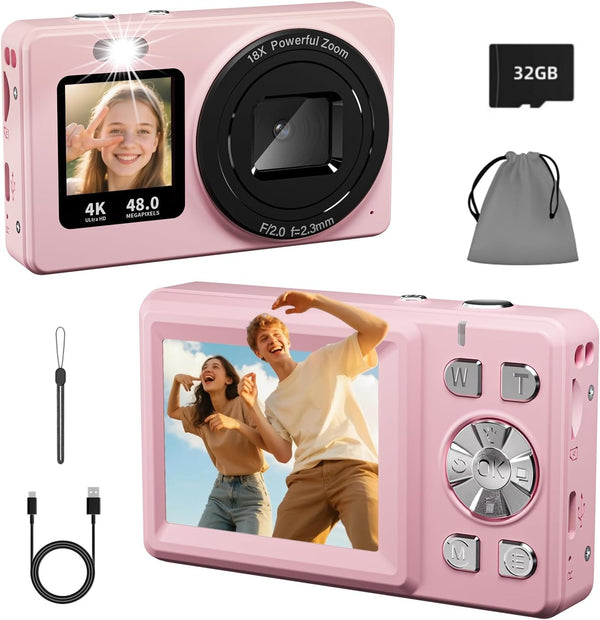 BILEBAK Digital Camera, 4K 48MP Autofocus Dual Screen for Selfies, 18X Zoom Fill