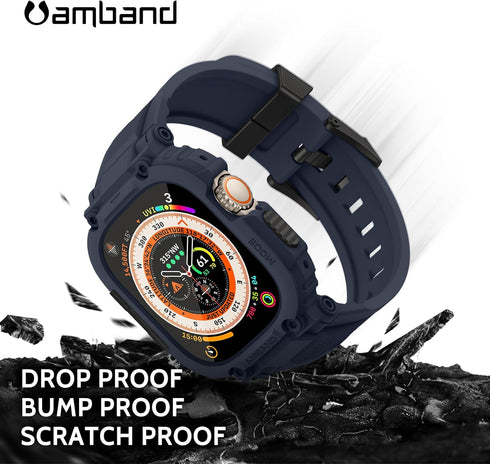 amBand Case Screen Protector Bands Compatible with Apple Watch Ultra 2/1 49mm, Navy Blue Rugged Cover Strap & 9H Glass