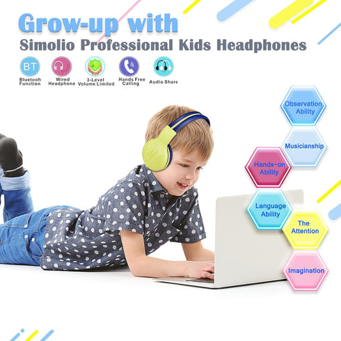 SIMOLIO Kids Headphones Wireless Bluetooth, Headphones with Microphone and Volume Limited, Foldable Over-Ear Headset