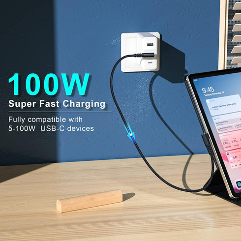 100W USB C to USB C Cable 1ft 3 Pack - 90 Degree Right Angle, Nylon Braided, Fast Charging for MacBook Pro, iPad Pro,