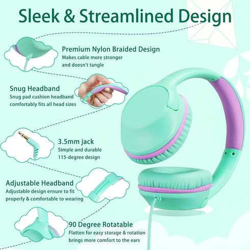 94dB 3.5MM POWMEE Kids Headphones Over-Ear Headphones for Kids/Teens/School with Volume Limited Adjustable Stereo Jack