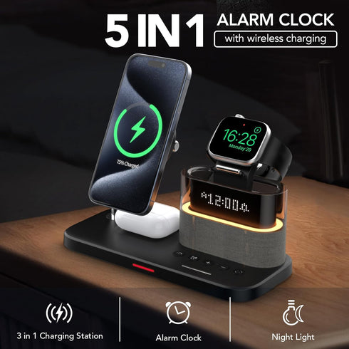 5 in 1 Wireless Charger with Alarm Clock for Apple, Mag-Safe Charging Station for iPhone 16/15/14/13/12, Apple Watch