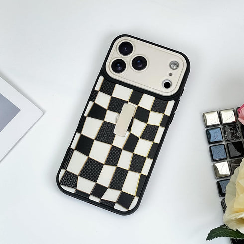 SOKAD 3D 17 Checkered Phone Case for iPhone Pro Max with Finger Strap Kickstand, Cute Checkerboard Design with Finger